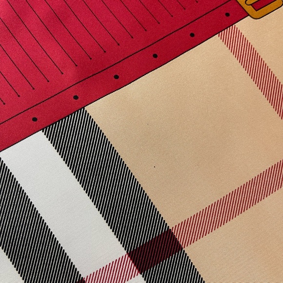 Display # 4 Burberry Scarf Iconic Beige Check Red Border Silk Wrap - Picture 15 of 15